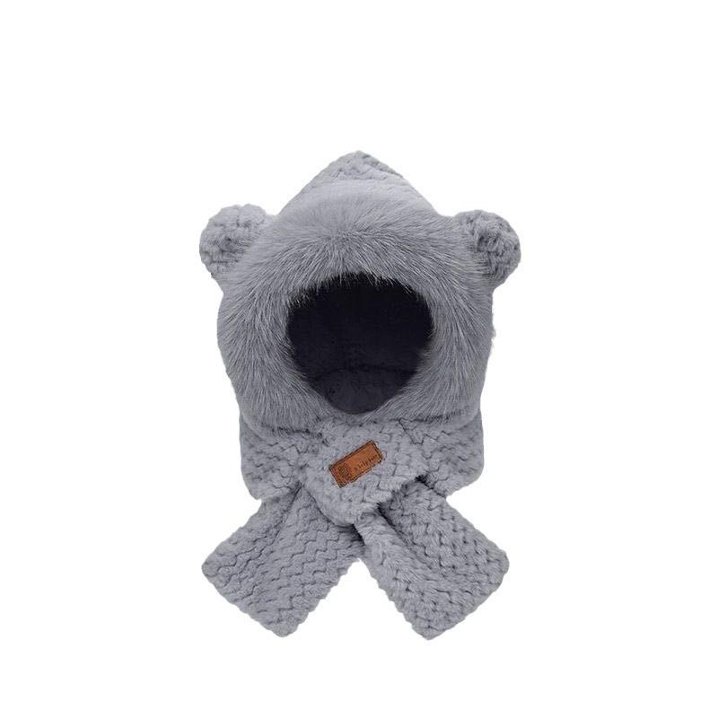 Riding a Battery Car, Piled and Thickened Bear Hat, Warm Scarf, Ear Protection, Two-in-one Two-piece Set, Cycling Cold-proof Plush Hat.