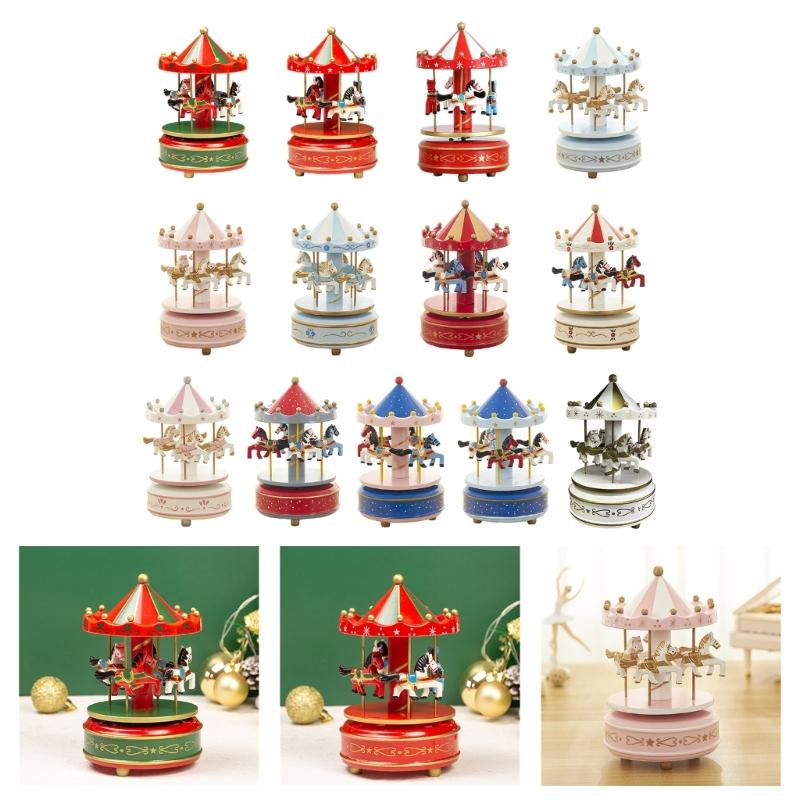 Handcrafted Wooden Rotating Carousels Music Box Ornament Hand Cranked Design For Christmas Home Tabletop Shelf Decors
