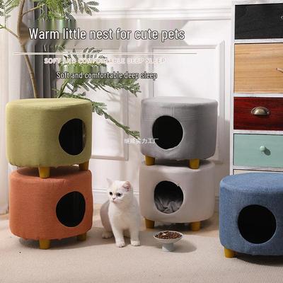 Solid Wood All-Season Cat Bed Stool: Warm Winter Semi-Enclosed Pet Bed for Kittens and Puppies