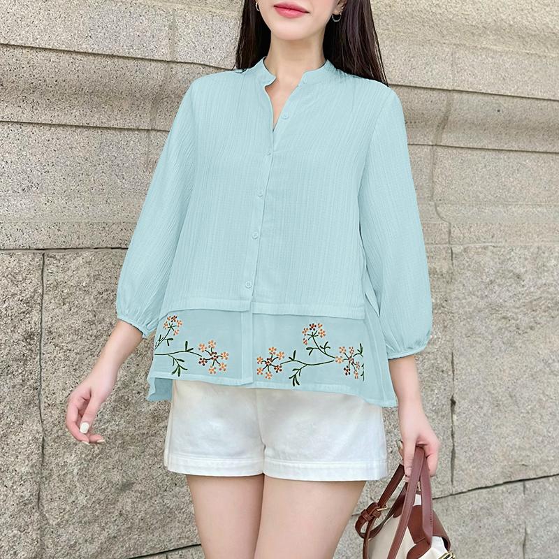 

ZANZEA Женская повседневная блузка свободного кроя с принтом, воротником-стойкой и рукавами 3/4 5XL синий