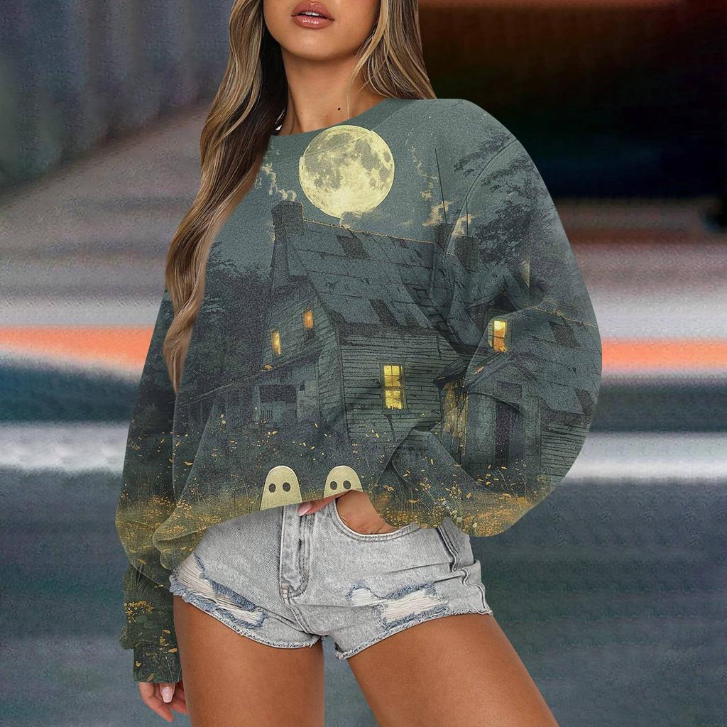 Women's Casual Fashion Printed Long Sleeved Knitted Sportswear Top, Loose Fit Halloween