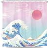 Japanese Asian Art Shower Curtain, Girl Pink Sunset Golden Kanagawa Bath Curtains, Wave Sea Anime Painting Fabric Polyester