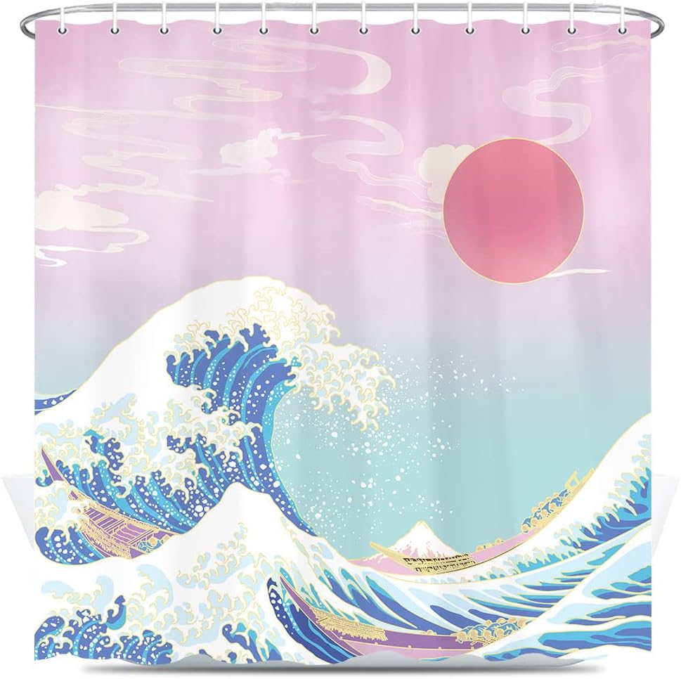 Japanese Asian Art Shower Curtain, Girl Pink Sunset Golden Kanagawa Bath Curtains, Wave Sea Anime Painting Fabric Polyester