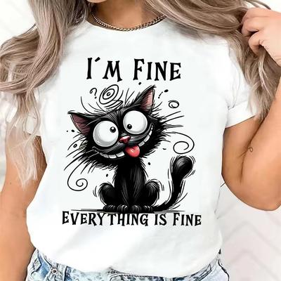 I'm Fine Everything Is Fine Sarcastic Cat  Short Sleeve T-Shirt Graphic Print Women T-Shirt Clothing Women's Top Tee
