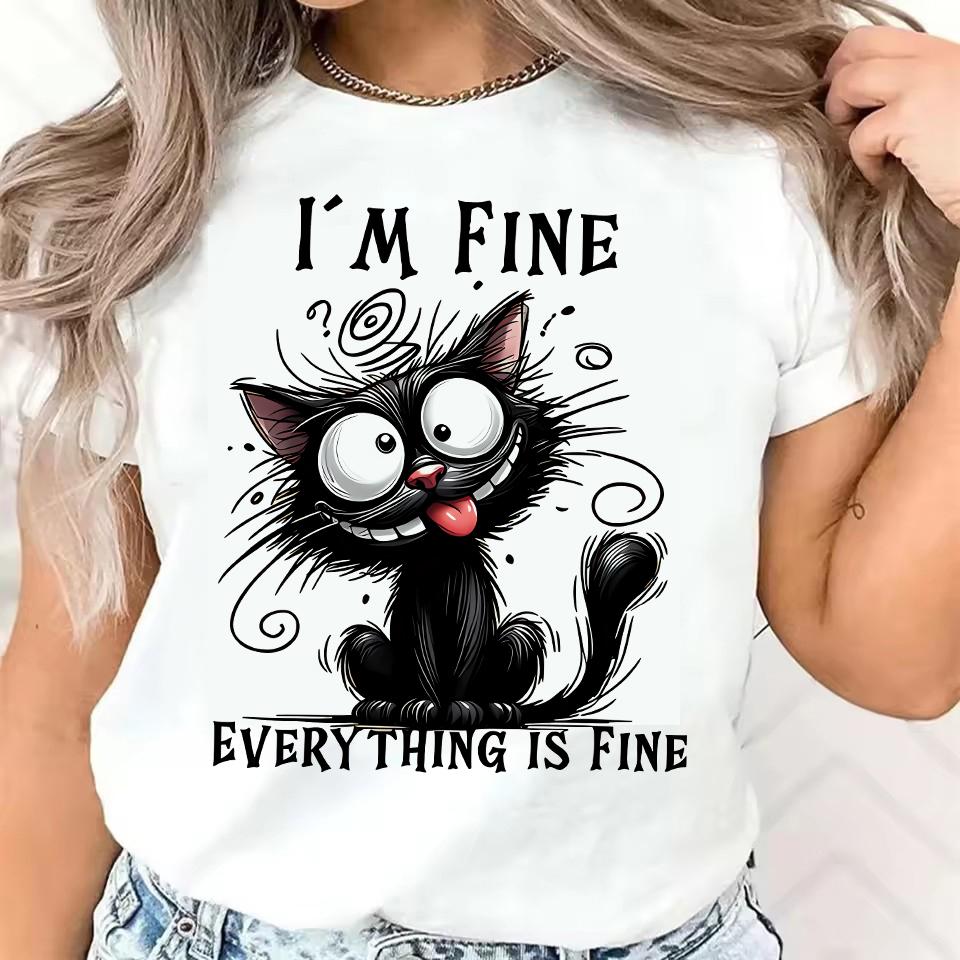 

Я в порядке Всё в порядке Саркастичный кот Футболка с коротким рукавом Графический принт Женская футболка Одежда Женский топ Футболка 4XL