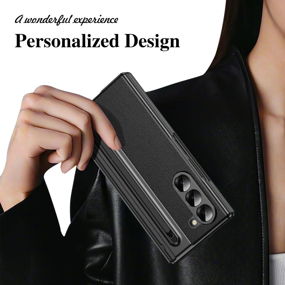 Luxury Plating Matte AG Pen Slot Leather Case For Samsung Galaxy Z Fold 7 6 5 4 3 Screen Film Hinged Shockproof Protector Cover