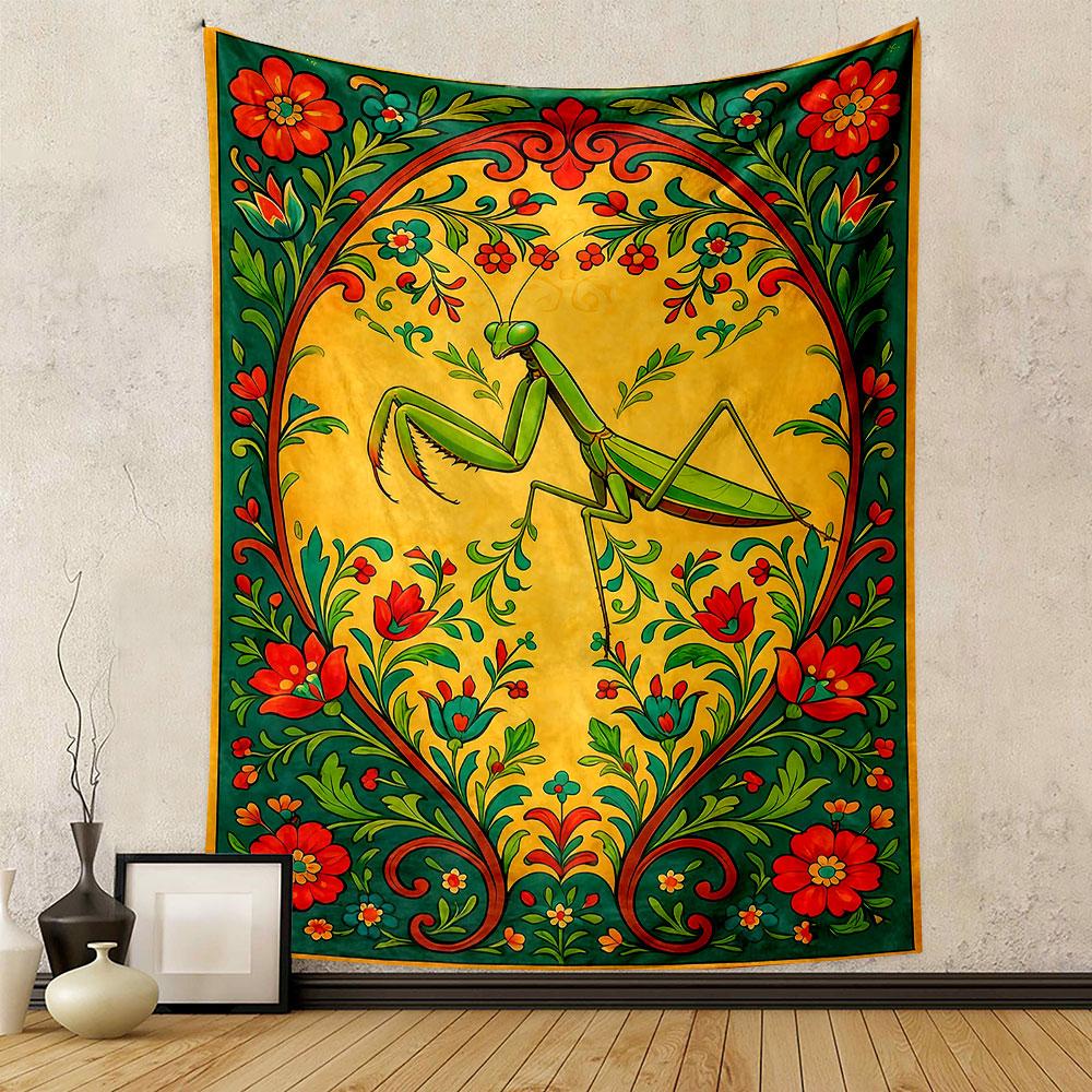 "Praying Mantis with Floral Pattern Art" Patterned tapestry home decor, suitable for bedroom and living room, gift