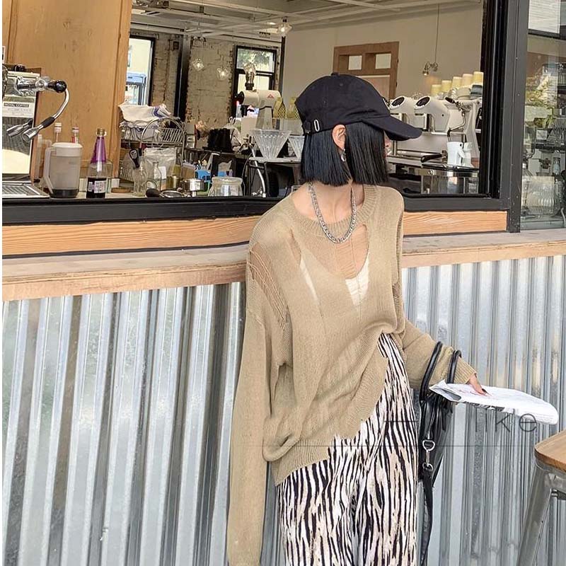 Y2K Schwarz Eis Seide Hohl Dünnen Pullover Damen Langarm Sonnenschutz Top Neue Sexy Lose Kintwear Ripped Bluse Punk stil Pullover