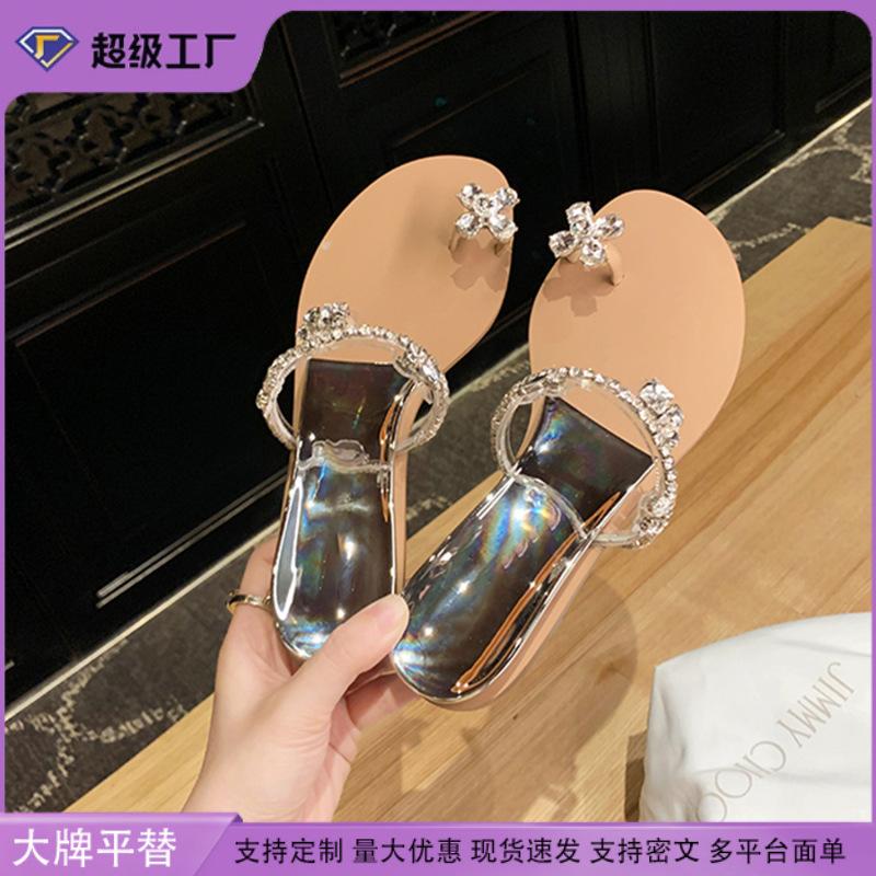 2025 summer new women's pearl round head flat bottom rhinestone lace one word with comfortable two wear cool slippers