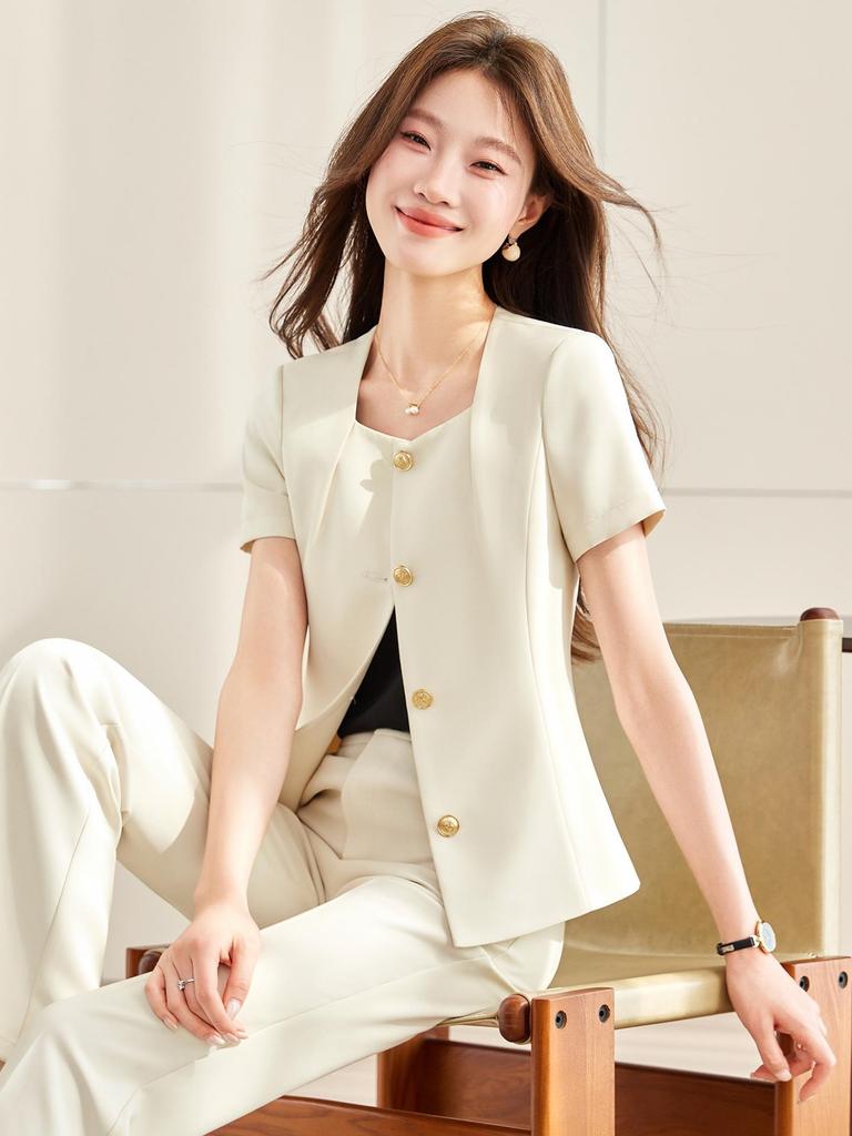 Elegant Women's Professional Summer Suit Set: Short-Sleeved Skirt Suit for Salon and Hotel Reception