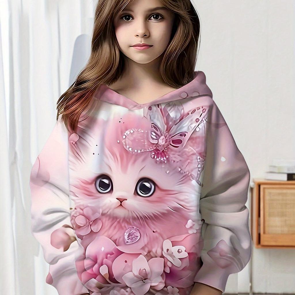 Kids Clothes Girl Hoodies Long Sleeve Cartoon 3D Cat Print Children Spring Fall Clothes Casual Cute Outdoor Girl Clothes Tops