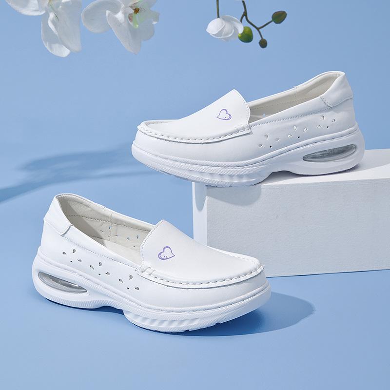 Hospital Work Shoes Air Cushioned Nurse Shoes for Women Breathable Flat Heel Comfortable Soft Sole White Thick Sole