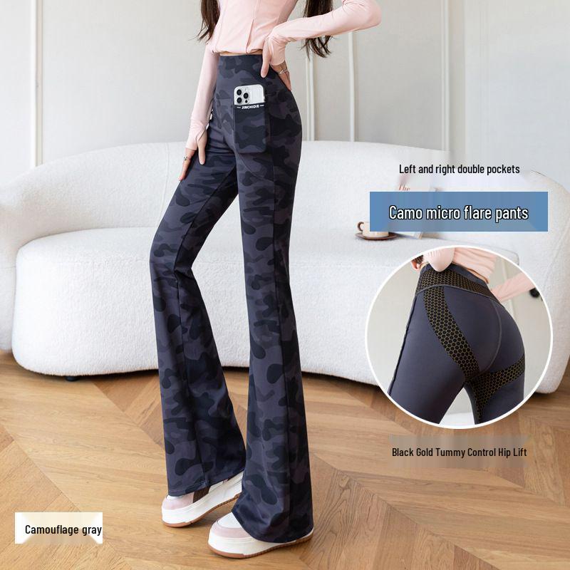 

Yoga Tummy Tuck Butt Lift High Waist Camouflage Flare Pants with Pockets for Women M for 80-100 lbs