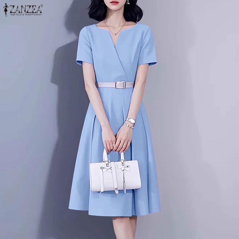 ZANZEA Women Summer V-Neck Solid Color Casual Short Sleeve Dress