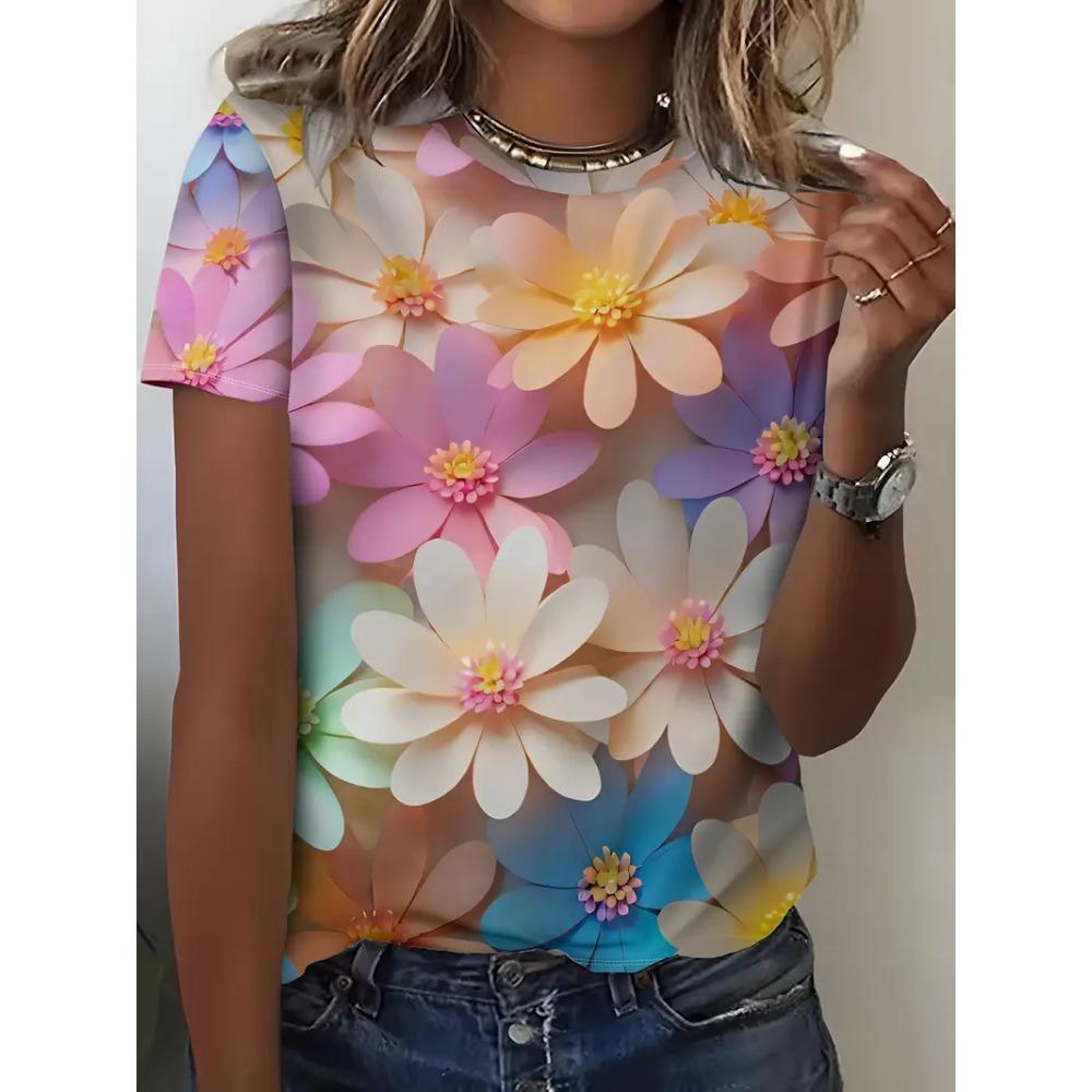 Summer women's T-shirt casual daisy pattern 3D printed women's T-shirt loose short sleeved round neck T-shirt girls' top