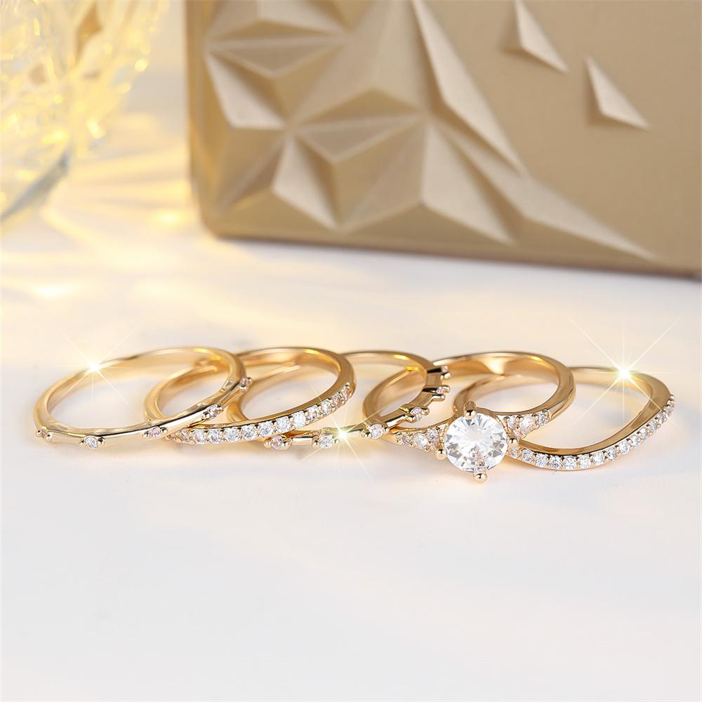 5pcs/Set Luxury Crystal Round Stone Engagement Ring Sets For Women Vintage Gold Color White Zircon Wedding Jewelry Bridal Gifts