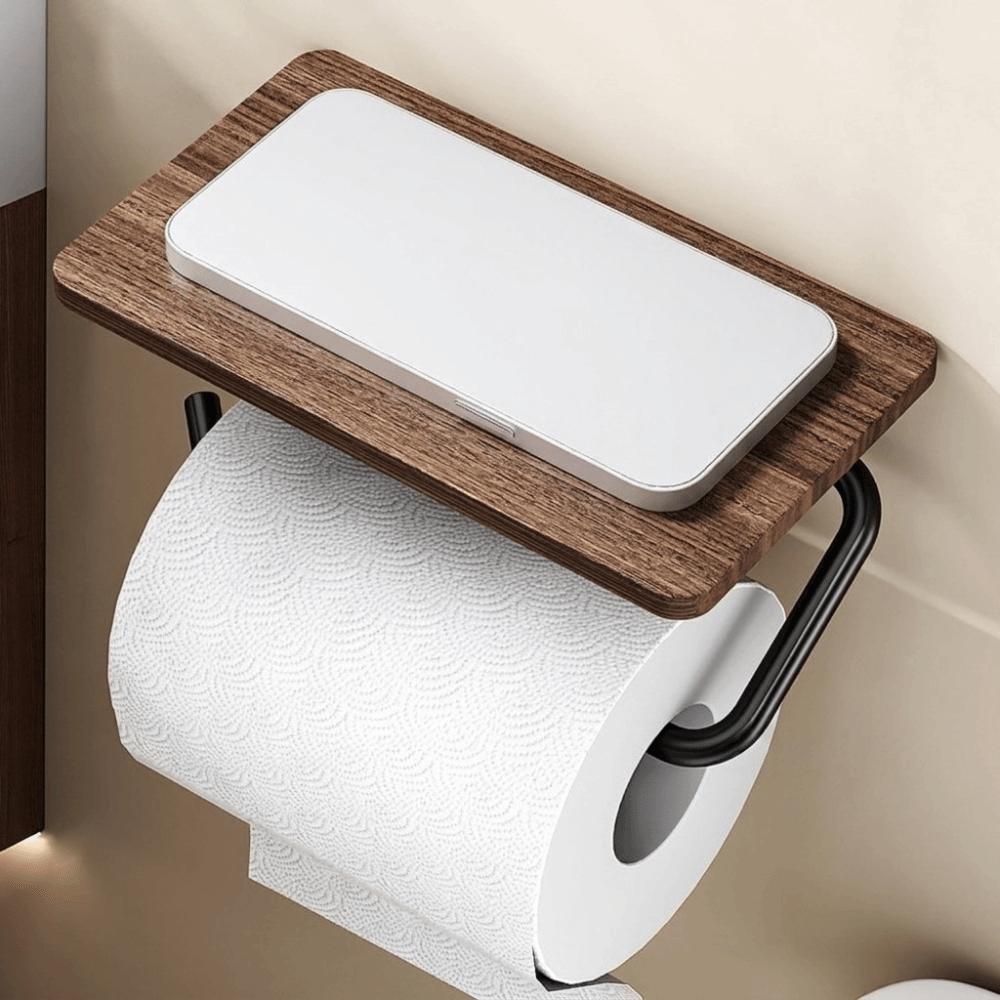 Wall Mounted Toilet Paper Holder Walnut Wood Grain Paper Towel Holder Storage Shelf Hotel Room