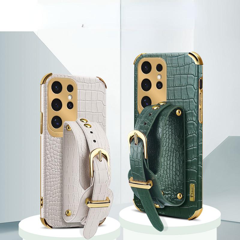 Crocodile Pattern Phone Case For Samsung Galaxy S25edge S24 FE S23 S22 S21 Ultra Plus FE Note 20 9 8 Back Cover With Wrist Strap