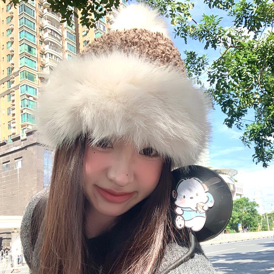 Big Head Circumference Antifreeze Ear Protection Hat Splicing Hairball Mongolian Hat Thickened Warm Knitted Fluffy Hat Women's Winter
