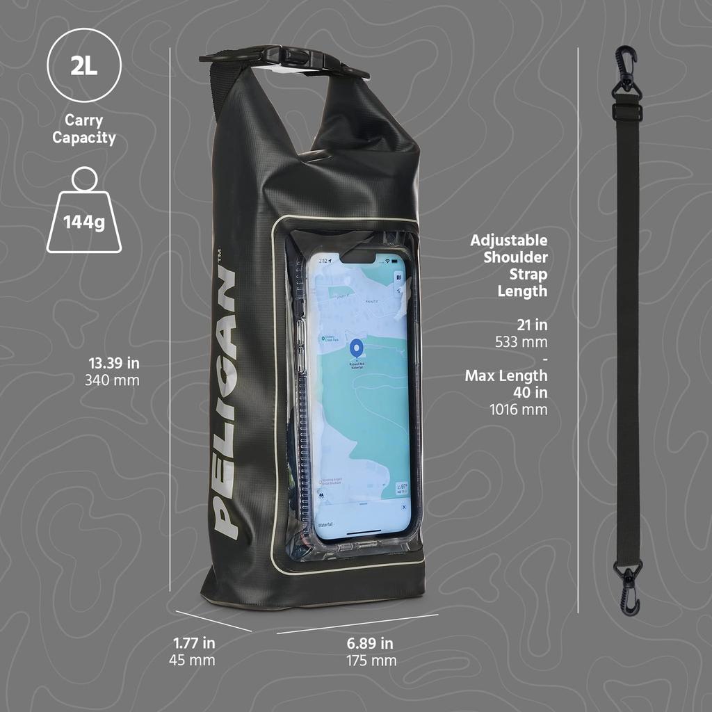 Pelican Marine Phone Dry Bag 2 Liters Stealth Black IP68 Waterproof Smartphone Touchscreen Detachable Shoulder Strap Water-Resistant - - (PP048994) -