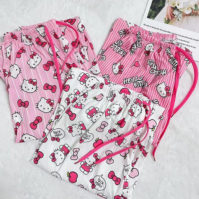 Letnie Spodnie Piżamowe Hello Kitty w Koreańskim Stylu dla Kobiet - Urocze, Luźne i Nadające Się do Noszenia na Zewnątrz.