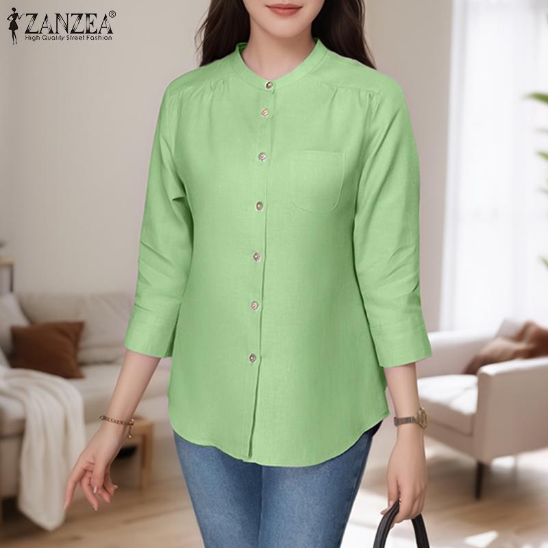 ZANZEA Women Casual Round Neck Solid Color Loose 3/4 Sleeve Blouse