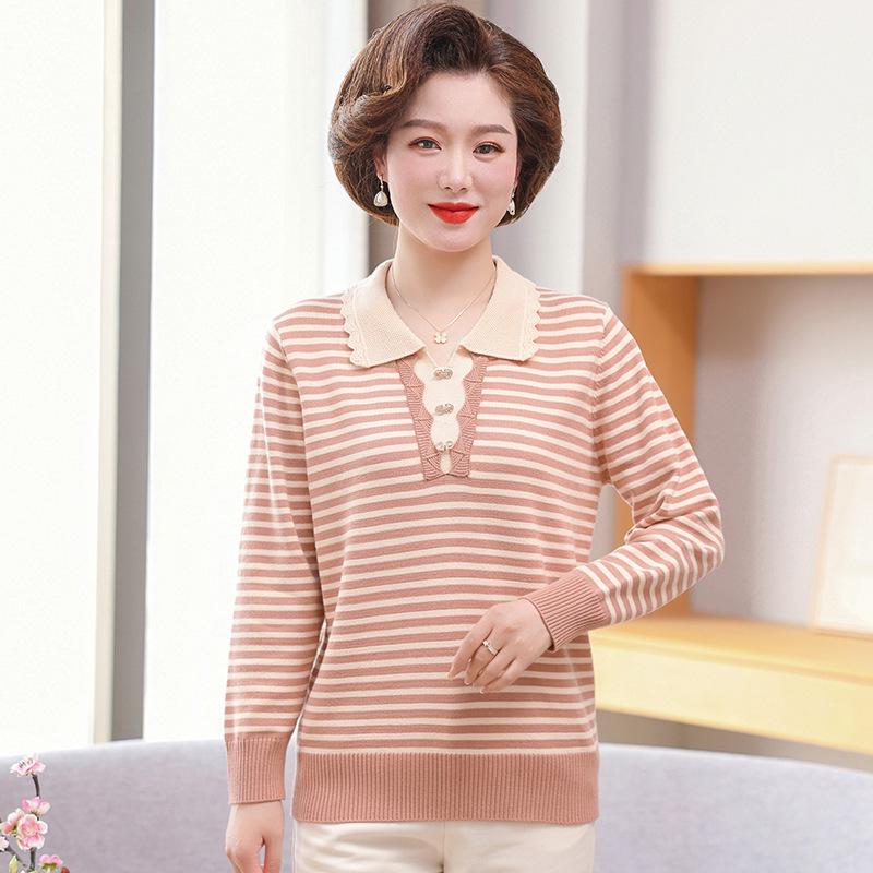 Módní pruhovaný pletený svetr pro ženy středního a staršího věku s klopovým límcem, jaro/podzim 2025