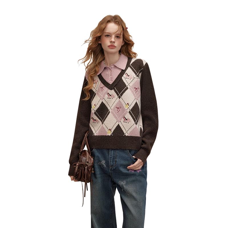 UNIFREE Women's Faux Two-Piece Plaid Knit Sweater