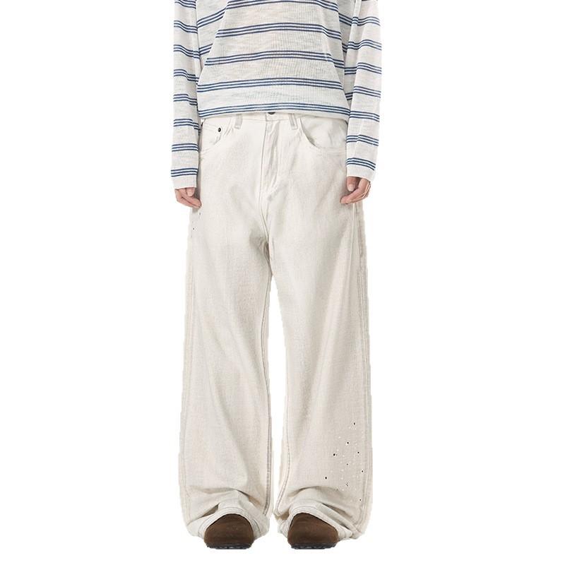Weft Men's White American Hip-Hop Dirty Dyed Jeans Floor Trousers Cm