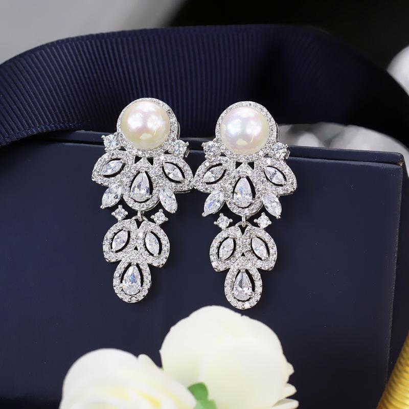 Temperament Sterling Silver Pearl Earrings, Water Drop Horse Eye Zircon Ear Jewelry