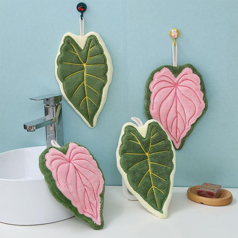 Leaf-Shaped Hanging Hand Towel Soft Coral Fleece Tea Towels Super Absorbent Bath & Kitchen Towel Decorative Towels Home Decor