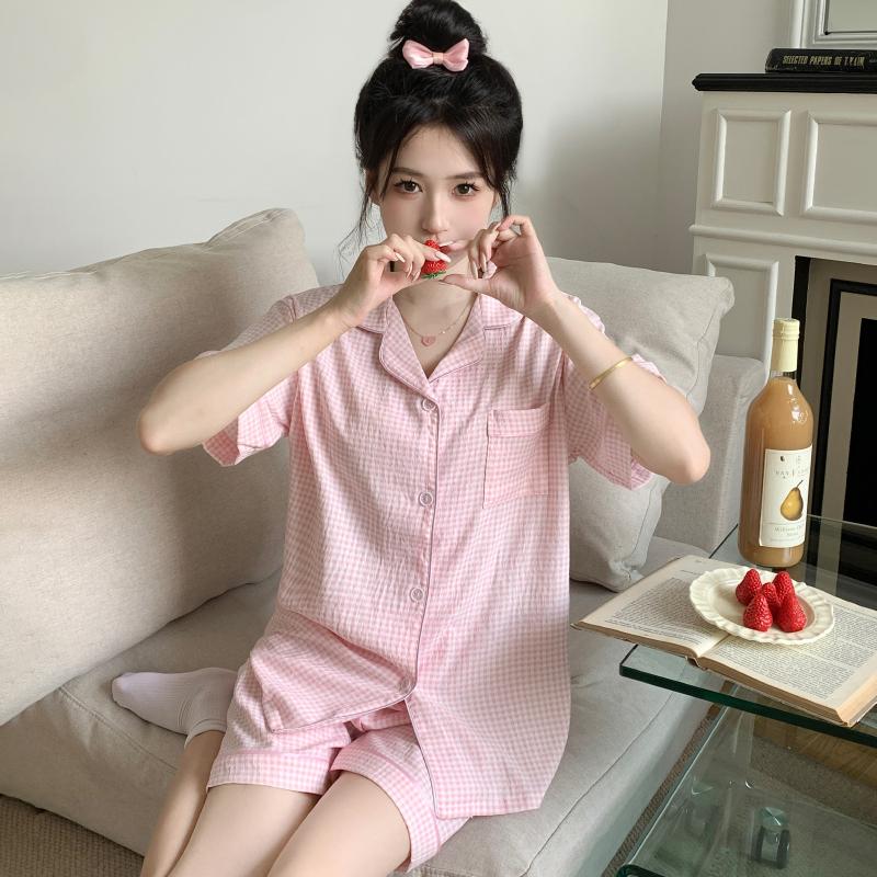 Summer Women Short Sleeve Top and Shorts 2 Piece Set Pajamas Female Thin Cotton Fashion Sleepwear Pink Plaid Cardigan Pyamas Set