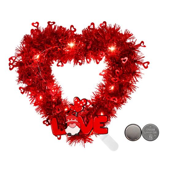 Prelit Valentine's Day Heart Shaped Wreath with String Light Red Tinsel Wreath with Foil Hearts for Wedding Anniversary Front Door Wall Decor