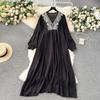 Boho Oversized Dress Women Haft Nadruk Latarnia Rękaw Dekolt w Serek Sukienki Damskie Luźny Krój Panie Vestidos Mujer