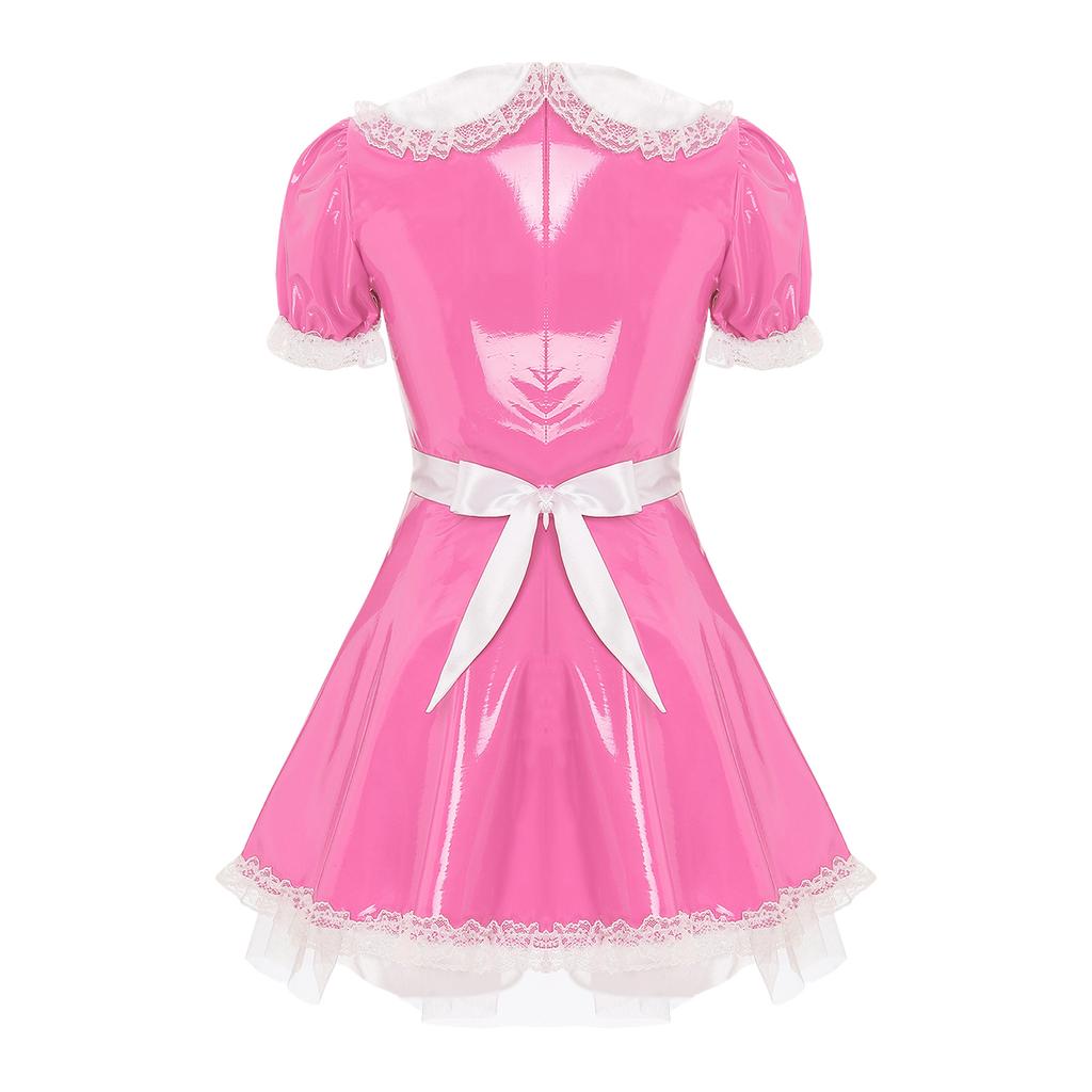 Womens Maid Cosplay Dress Patent Leather A Line Design Doll Collar Puff Sleeve Ruffle Lace Masquerade Outfit