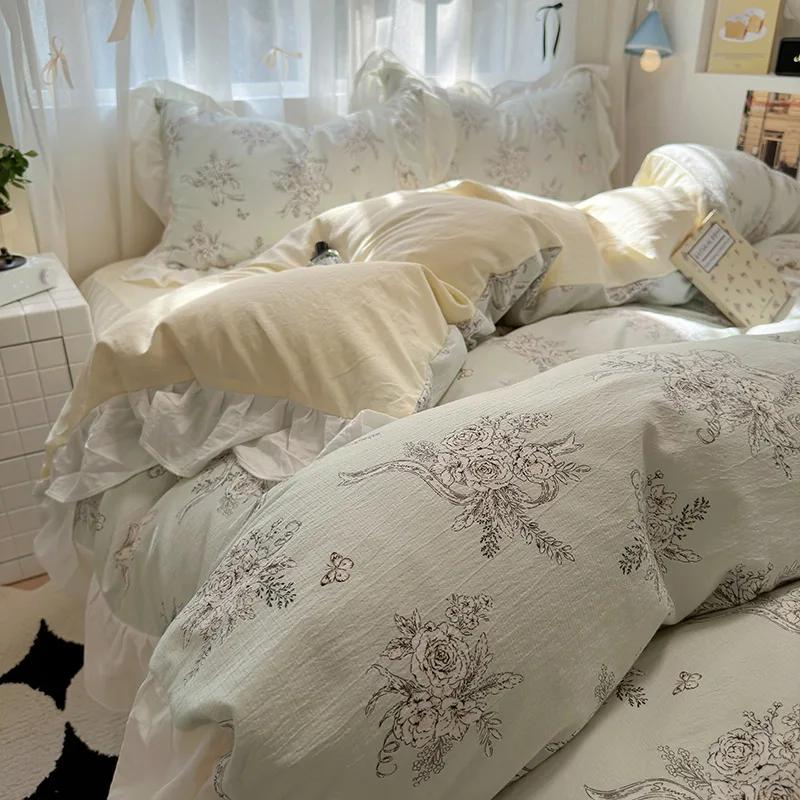 1.5/1.8 Korean Style 100% Cotton Fitted Sheet Sets with Lace Flower Print Bedding Set for Seasons Home Bedclothes for Adult Kids