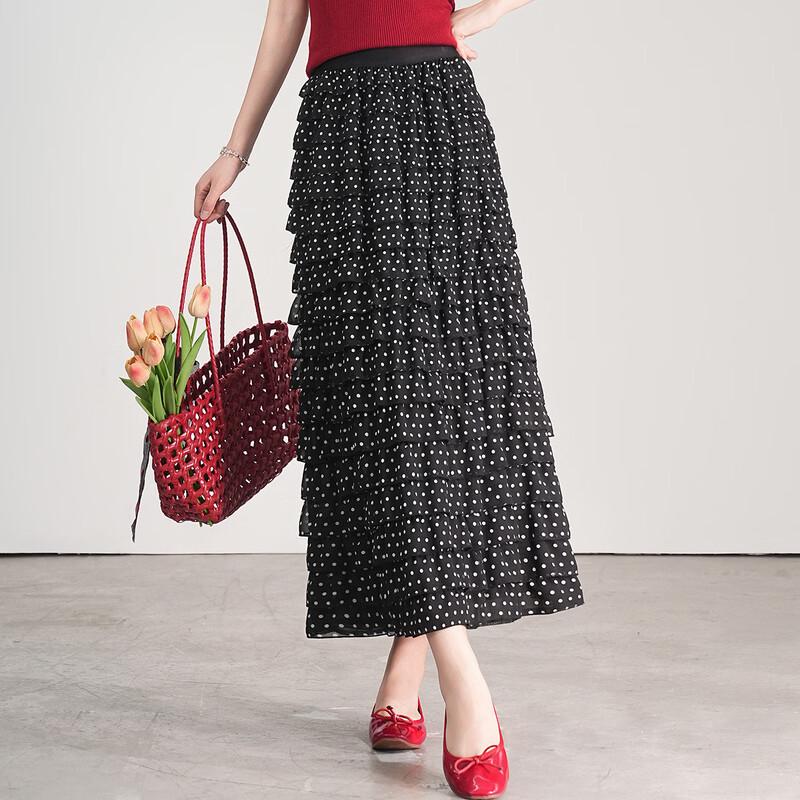 Bailuyu High-Waist Polka Dot Tiered Skirt L