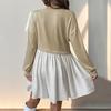Women Long Sleeve A Line High Waist Pleated Color Block O Neck Long Dress Spring Summer