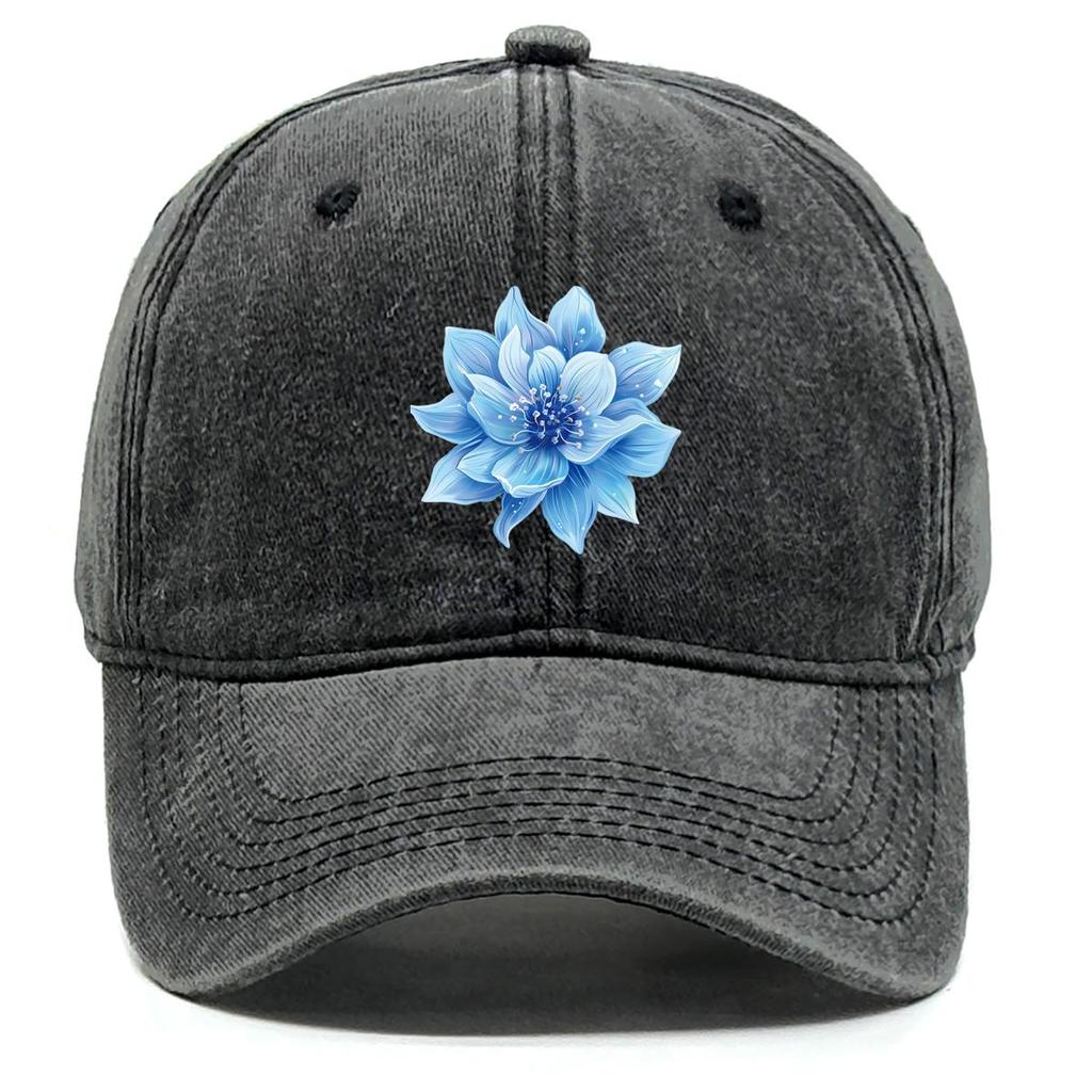 Blue Flower Print Adjustable Baseball Cap, Trucker Hat Raw Brim Simple Retro Casual Snapback Sun Hat
