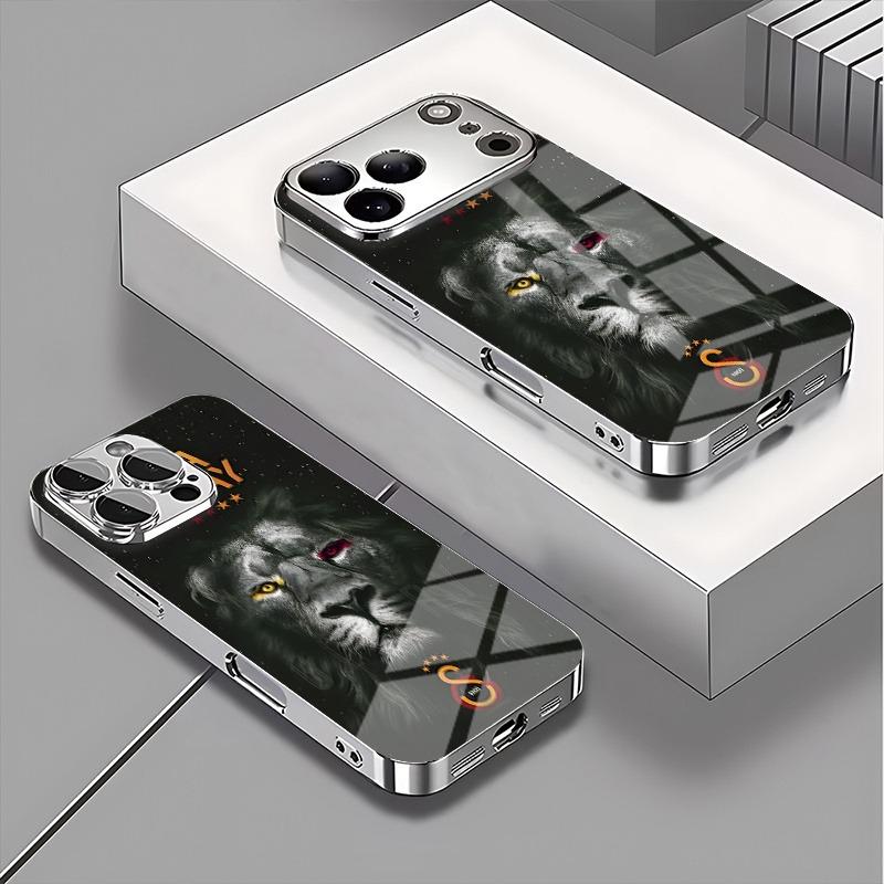 Cool Lion King Pattern Tempered Glass Phone Case For iPhone 17 16 15 14 13 12 11 Pro Max 16 Plus 17Air Electroplate Silver Cover