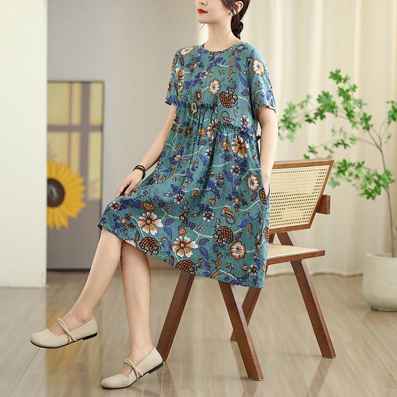 Kurzarm Plus Size Baumwolle Vintage Blumen Neu in Kleidern für Damen lässig locker Midi Sommerkleid
