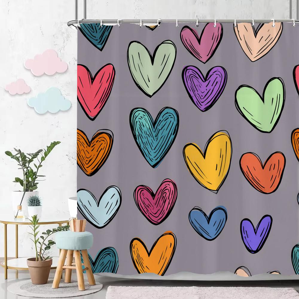 1Pc Heart Shaped Valentine S Day Shower Curtain - With Hooks Print Polyester Shower Curtain Bathroom Decoration Hanging Curtain