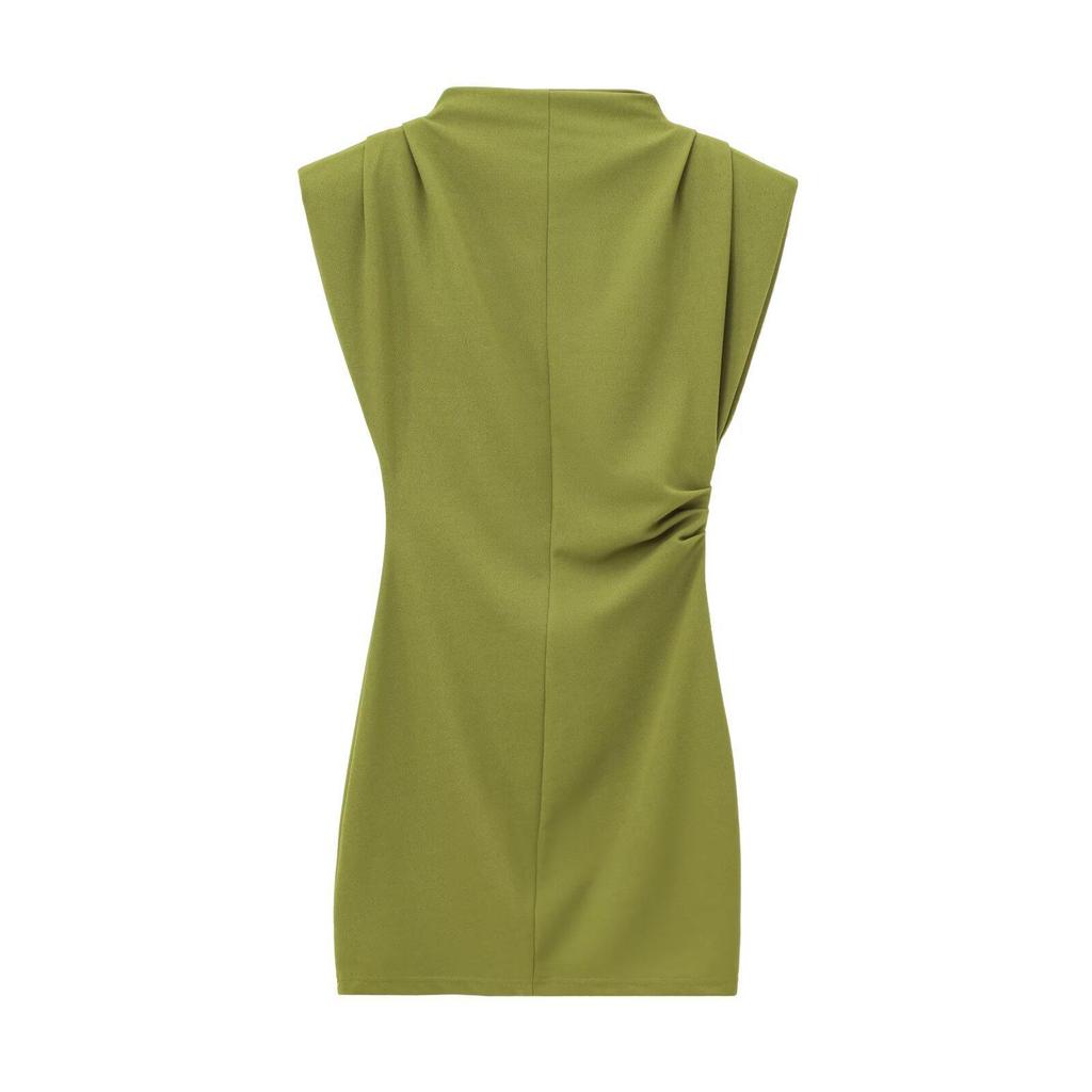 2025 Spring Women's Slim Stand-Up Collar Dress with Padded Shoulders and Waist-Cinching Design