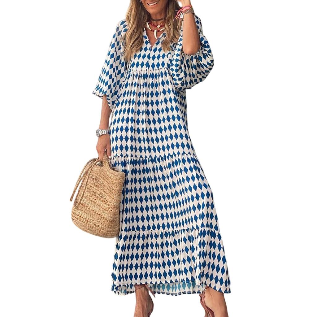 Dámské letní plážové šaty s květinovým potiskem Bohémské dlouhé šaty s volným výstřihem do V