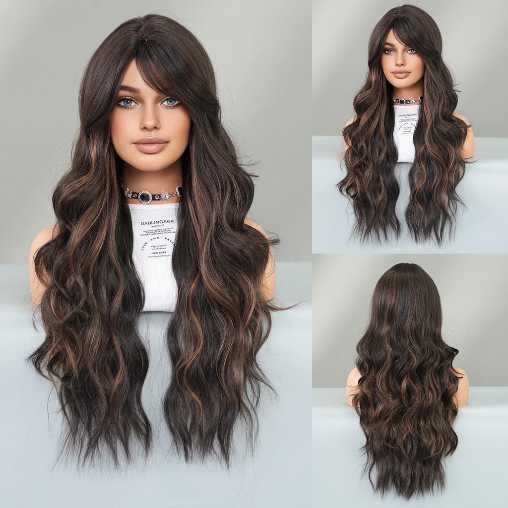 Cocoa Brown Long Curly Hair With Slanted Bangs Big Wavy Wig Women Synthetic High-temperature Silk