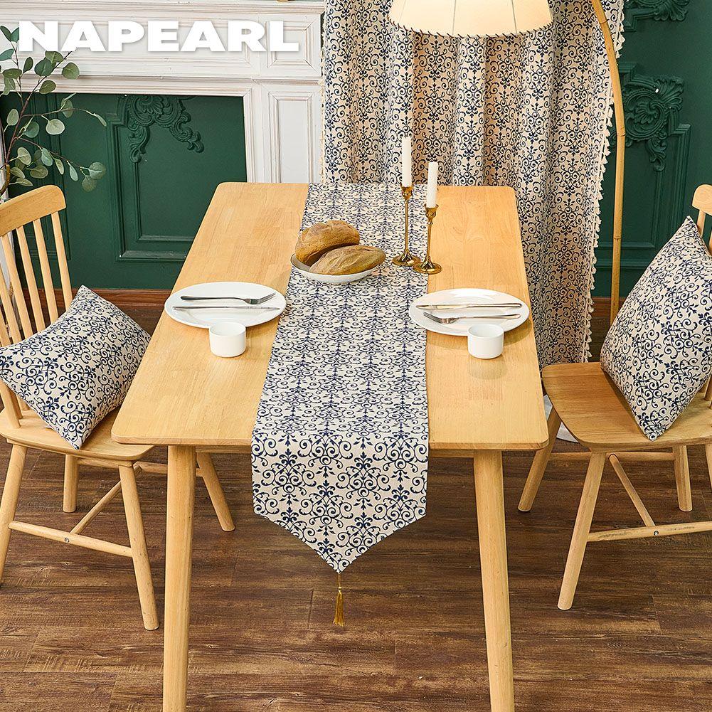 1PC NAPEARL Retro Chinese Blue and White Porcelain Printed Cotton and Linen Table Runner for Dining Table Coffee Table Home Decor