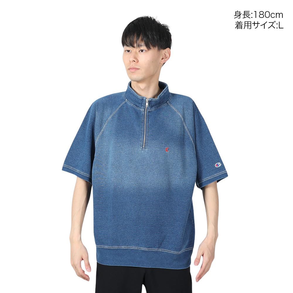 Krátká raglánová mikina s poloviční zipem, sepraná modrá [Champion], rukáv, 100% bavlna, fleece, výšivka, džínovina, rukáv, mikina, pánská volnočasová