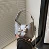 Handbag Silver Bucket Bag Pu Leather Women's Shoulder Bag Simple Bow Buckle PU Bag  Makeup Bag