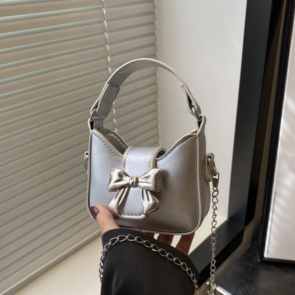 Handbag Silver Bucket Bag Pu Leather Women's Shoulder Bag Simple Bow Buckle PU Bag  Makeup Bag