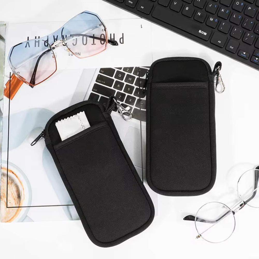 Soft Portable Glasses Case with Carabiner Multi functional Zipper Eyeglass Pouch Durable Double Pocket Phone Shell Bag